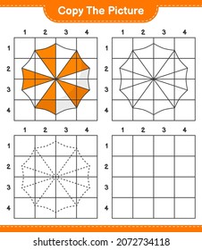 Copy the picture, copy the picture of Beach Umbrella using grid lines. Educational children game, printable worksheet, vector illustration