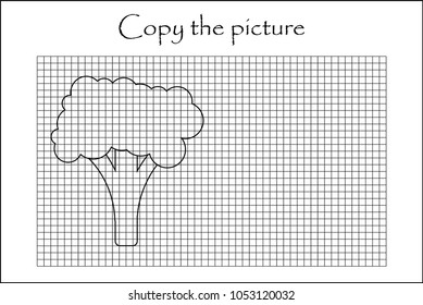 Copy the picture, black white broccoli, drawing skills training, educational paper game for the development of children, kids preschool activity, printable worksheet, vector illustration