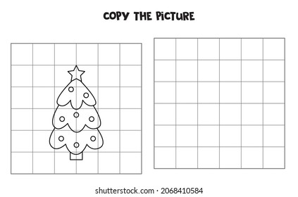 Copy the picture of black and white Christmas tree. Educational game for kids. Handwriting practice.