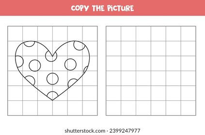 Copia la imagen del corazón blanco y negro. Juego educativo para los niños. Práctica de escritura a mano.