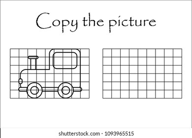 Copy the picture, black white locomotive, drawing skills training, educational paper game for the development of children, kids preschool activity, printable worksheet, vector illustration