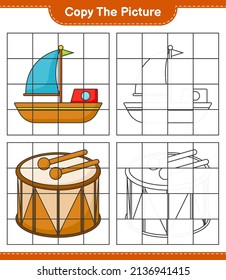 Kopieren Sie das Bild, kopieren Sie das Bild von Boat und Drum mithilfe von Rasterlinien. Kinderspiel, druckbares Arbeitsblatt, Vektorgrafik