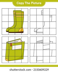 Copy the picture, copy the picture of Book and Rubber Boots using grid lines. Educational children game, printable worksheet, vector illustration