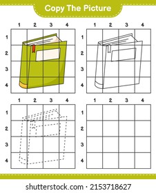 Copie la imagen, copie la imagen del Libro utilizando líneas de cuadrícula. Juego infantil educativo, hoja de cálculo imprimible, ilustración vectorial