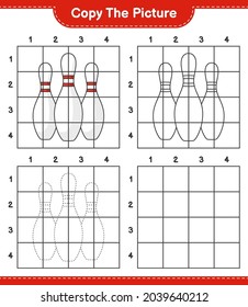 Copie la imagen, copie la imagen de Bowling Pin utilizando líneas de cuadrícula. Juego infantil educativo, hoja de cálculo imprimible, ilustración vectorial