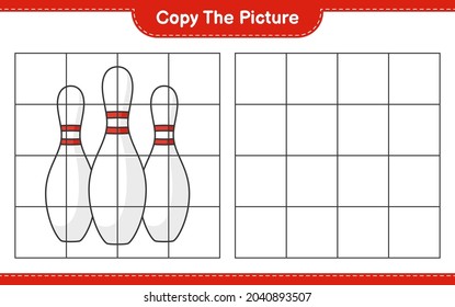 Copie la imagen, copie la imagen de Bowling Pin utilizando líneas de cuadrícula. Juego infantil educativo, hoja de cálculo imprimible, ilustración vectorial