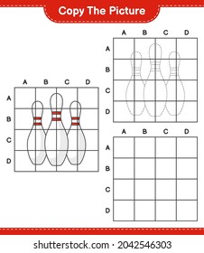 Copie la imagen, copie la imagen de Bowling Pin utilizando líneas de cuadrícula. Juego infantil educativo, hoja de cálculo imprimible, ilustración vectorial