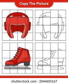 Copy the picture, copy the picture of Boxing Helmet and Ice Skates using grid lines. Educational children game, printable worksheet, vector illustration