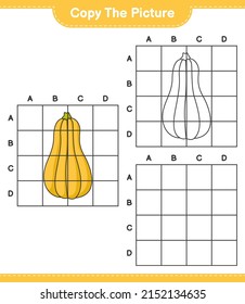 Copy the picture, copy the picture of Butternut Squash using grid lines. Educational children game, printable worksheet, vector illustration