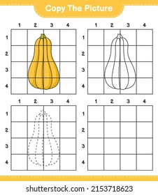 Copy the picture, copy the picture of Butternut Squash using grid lines. Educational children game, printable worksheet, vector illustration