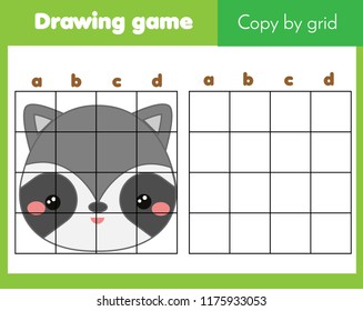 Copy picture by grid. Educational game for children and kids. Animals theme, cute raccoon