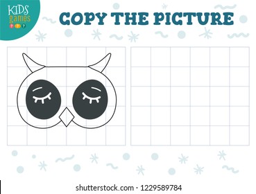 Copy picture by grid vector illustration. Educational game for preschool kids. Cartoon outline owl head for drawing 