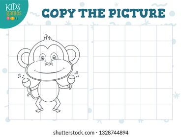 Copy picture by grid vector illustration. Educational mini game, puzzle for preschool kids. Cartoon outline dancing  monkey  for drawing exercise 