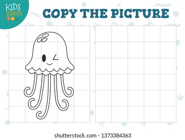Copy picture by grid vector illustration. Educational mini game, puzzle for preschool kids. Cartoon outline jellyfish  for drawing exercise 