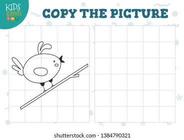 Copy picture by grid vector illustration. Educational mini game, puzzle for preschool kids. Cartoon outline bird  for drawing exercise 