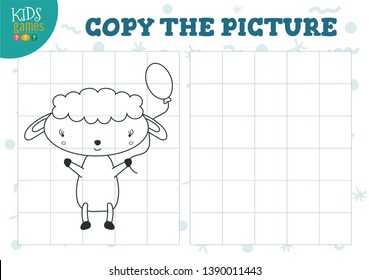 Copy picture by grid vector illustration. Educational mini game, puzzle for preschool kids. Cartoon outline sheep for drawing exercise 