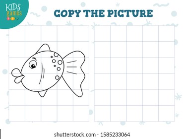 Copy picture by grid vector illustration. Educational mini game, puzzle for preschool kids. Cartoon outline fish for drawing exercise 