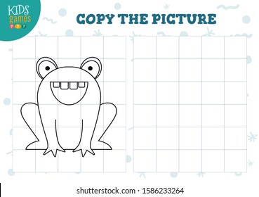 Copy picture by grid vector illustration. Educational mini game, puzzle for preschool kids. Cartoon outline cute frog for drawing exercise 