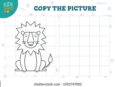 Copy picture by grid vector illustration. Educational mini game, puzzle for preschool kids. Cartoon outline cute lion for drawing exercise 