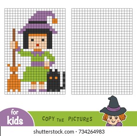 Copy the picture by squares, education game for children, Witch with a cat