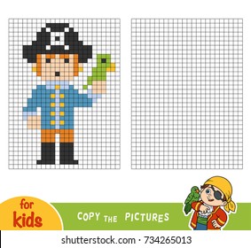 Copy the picture by squares, education game for children, Pirate with a parrot