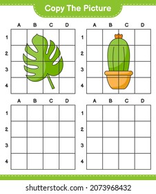 Copie la imagen, copie la imagen de Cactus y Monstera utilizando líneas de cuadrícula. Juego infantil educativo, hoja de cálculo imprimible, ilustración vectorial