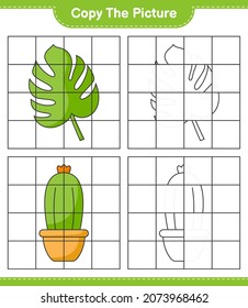 Copie la imagen, copie la imagen de Cactus y Monstera utilizando líneas de cuadrícula. Juego infantil educativo, hoja de cálculo imprimible, ilustración vectorial