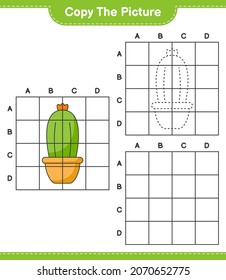 Copy the picture, copy the picture of Cactus using grid lines. Educational children game, printable worksheet, vector illustration