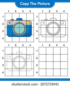 Copy the picture, copy the picture of Camera using grid lines. Educational children game, printable worksheet, vector illustration