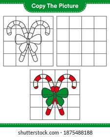 Copy the picture, copy the picture of Candy Canes with Ribbon using grid lines. Educational children game, printable worksheet, vector illustration