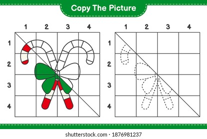 Copy the picture, copy the picture of Candy Canes with Ribbon using grid lines. Educational children game, printable worksheet, vector illustration