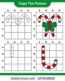 Copy the picture, copy the picture of Candy Canes with Ribbon using grid lines. Educational children game, printable worksheet, vector illustration