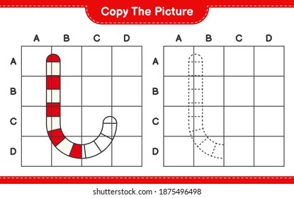 Kopieren Sie das Bild und kopieren Sie das Bild von Candy Canes mithilfe von Rasterlinien. Kinderspiel, druckbares Arbeitsblatt, Vektorgrafik