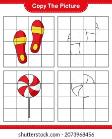 Kopieren Sie das Bild, kopieren Sie das Bild von Candy und Flip Flop mithilfe von Rasterlinien. Kinderspiel, druckbares Arbeitsblatt, Vektorgrafik