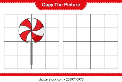 Copy the picture, copy the picture of Candy using grid lines. Educational children game, printable worksheet, vector illustration