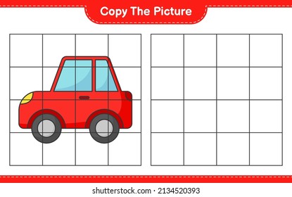 Copie la imagen, copie la imagen de Auto usando líneas de cuadrícula. Juego infantil educativo, hoja de cálculo imprimible, ilustración vectorial