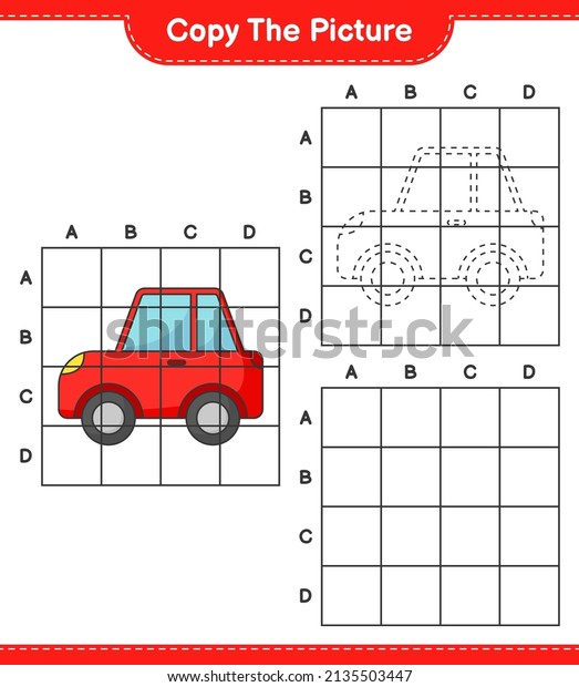 Copy the picture, copy the picture of Car\
using grid lines. Educational children game, printable worksheet,\
vector illustration