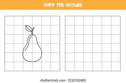 Copy the picture of cartoon black and white pear. Educational game for kids. Handwriting practice.