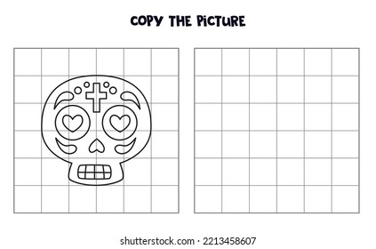 Copy the picture of cartoon black and white Mexican skull. Educational game for kids. Handwriting practice.