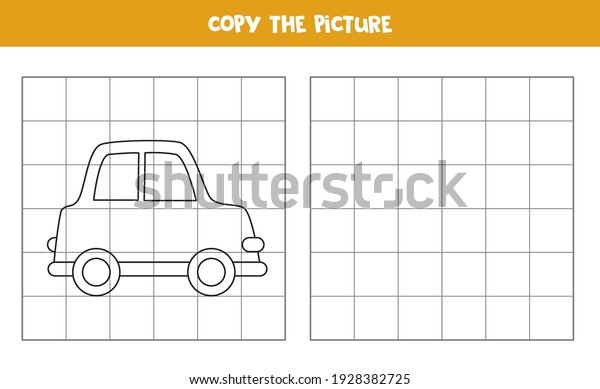 Copy the picture of cartoon car. Educational
game for kids. Handwriting
practice.