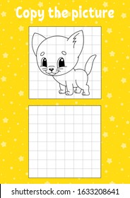 Copy the picture. Cat animal. Coloring book pages for kids. Education developing worksheet. Game for children. Handwriting practice. Funny character. Cartoon vector illustration.