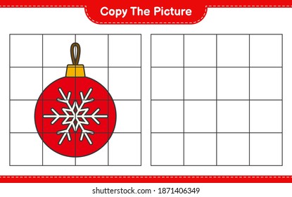 Copia la imagen, copia la imagen de las bolas de Navidad usando líneas de cuadrícula. Juego infantil educativo, hoja de cálculo imprimible, ilustración vectorial