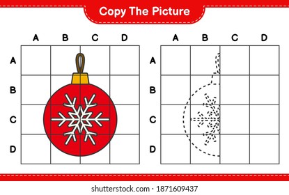 Copia la imagen, copia la imagen de las bolas de Navidad usando líneas de cuadrícula. Juego infantil educativo, hoja de cálculo imprimible, ilustración vectorial