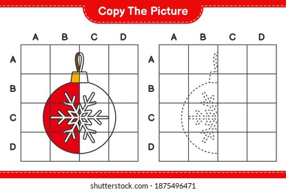 Copy the picture, copy the picture of Christmas Balls using grid lines. Educational children game, printable worksheet, vector illustration