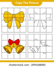 Copy the picture, copy the picture of Christmas Bell and Ribbon using grid lines. Educational children game, printable worksheet, vector illustration