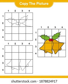 Copie la imagen, copie la imagen de la Campana de Navidad usando líneas de cuadrícula. Juego infantil educativo, hoja de cálculo imprimible, ilustración vectorial