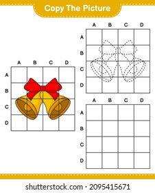 Copie la imagen, copie la imagen de la Campana de Navidad usando líneas de cuadrícula. Juego infantil educativo, hoja de cálculo imprimible, ilustración vectorial