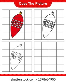 Copie la imagen, copie la imagen de las luces de Navidad usando líneas de cuadrícula. Juego infantil educativo, hoja de cálculo imprimible, ilustración vectorial