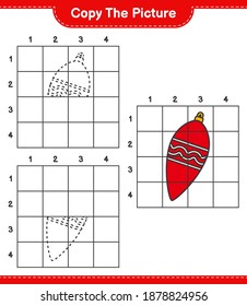 Copie la imagen, copie la imagen de las luces de Navidad usando líneas de cuadrícula. Juego infantil educativo, hoja de cálculo imprimible, ilustración vectorial