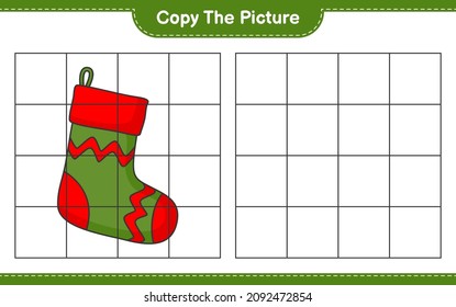 Copy the picture, copy the picture of Christmas Sock using grid lines. Educational children game, printable worksheet, vector illustration
